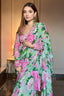 Green Chiffon Nicolette Blooming Floral Pattern Pre Draped Saree With Blouse